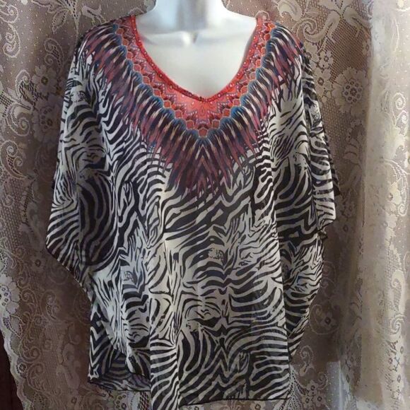 New Women's‎ size L top Boho sheer black white red zebra animal feather print - Picture 1 of 6
